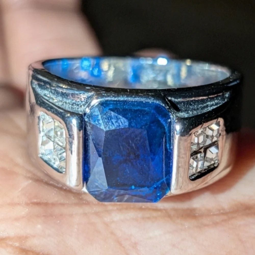Men's Silver and Blue Gemstone Ring Sz 10